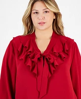 Kasper Plus Size Tie-Front Ruffle-Trim Blouse
