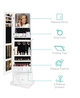 Best Choice Products 360 Swivel Standing Mirrored Jewelry Cabinet, Led-Lit Makeup Organizer w/ Mirror