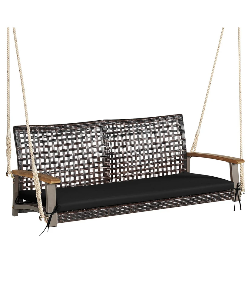 2-Person Patio Rattan Hanging Swing Chair Porch Loveseat Cushion Off White
