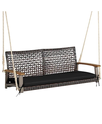 2-Person Patio Rattan Hanging Swing Chair Porch Loveseat Cushion Off White
