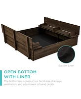 Best Choice Products 47x47-Inch Kids Wooden Outdoor Sandbox w/ 2 Foldable Bench Seats, Sand Protection, Liner