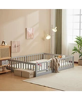 Slickblue Grey Painted Pine Full Fence Bed with Door and Board for Kids