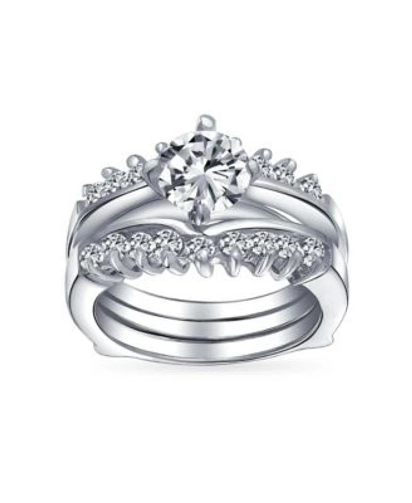 Bling Jewelry 1ct Brilliant Cut Round Solitaire Aaa Cz Band Inset Guard Enhancers Engagement Wedding Ring Set .925 Sterling Silver