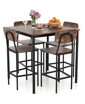 5-Piece Industrial Dining Table Set with Counter Height and 4 Bar Stools-Walnut