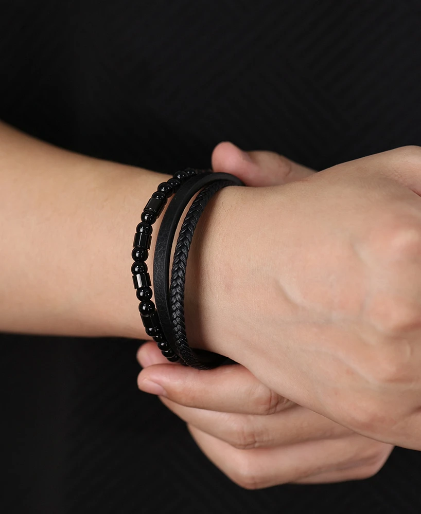 Rhona Sutton Leather Black Beaded Stainless Steel Bracelet
