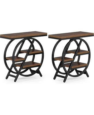 Tribesigns End Table Set of 2, 3-Tier Narrow Sofa Side Table with Storage for Living Room, Wood End Table with Geometric Metal Frame, Industrial Night