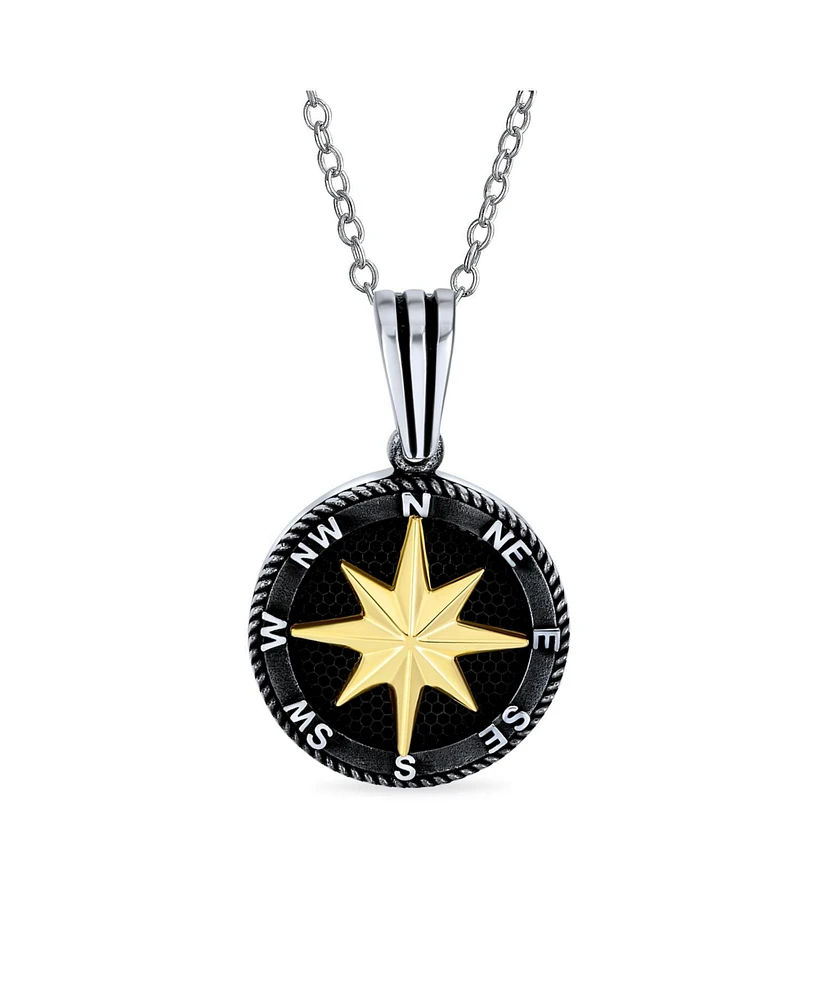 Bling Jewelry Explorer Travel Viking Disc Medallion Inspirational North Star Rose Compass Pendant Necklace Plated Two Tone .925 Sterling Silver with C