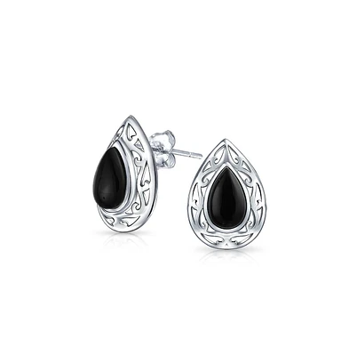 Bling Jewelry Simple Teardrop Pear Shaped Stone Bezel Set Stud Earrings .925 Sterling Silver