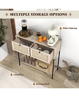 Rattan Console Table with 2 Rattan Drawers & Open Storage Shelf Metal Legs