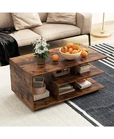 Gymax Geometric Coffee Table w/ Storage Shelves 3-Tier Rectangular Tea Rustic Brown