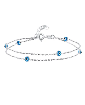 Bling Jewelry Protection Amulet Minimalist Delicate Double Row Aqua Blue Multi Color Evil Eye Anklet Ankle Bracelet .925 Sterling Silver 8.5-9.5 Inch