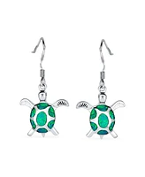 Bling Jewelry Nautical Aquatic Tropical Beach Vacation Iridescent Green Created Opal Inlay Sea Tortoise Turtle Dangle Drop Earrings .925 Sterling Silv