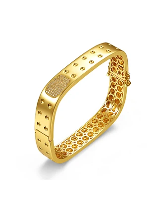 14k Gold Plated with Cubic Zirconia Textured Geometric Square Bangle Bracelet