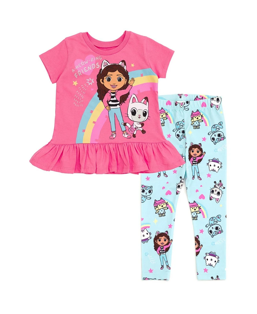 Gabby's Dollhouse Toddler Girls Dreamworks Pandy Paws Box Cakey Cat Peplum T-Shirt and Leggings Outfit Set