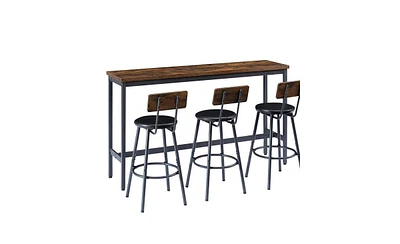 Long Bar Table Set with 3 Pu Leather Upholstered Bar Stools for Modern Home or Kitchen