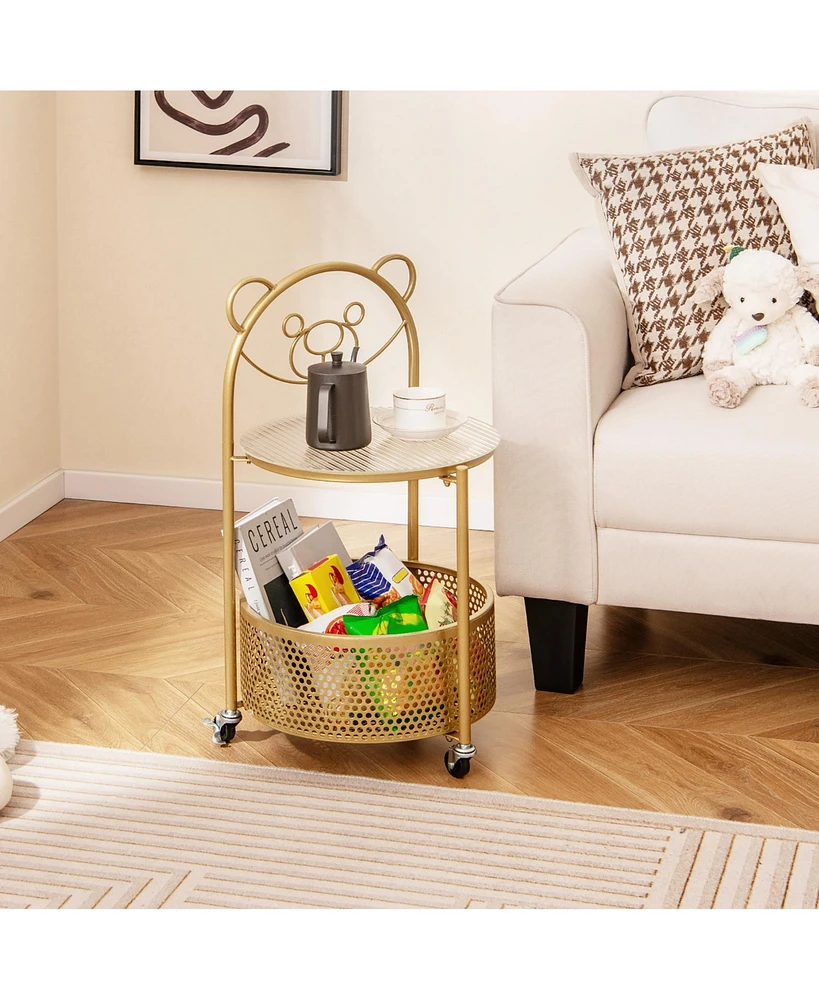 Gymax 2-Tier Mobile Glass Coffee Table w/ Bear Pattern Storage Basket Transparent & Golden