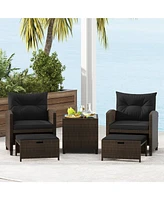 5 Piece Patio Rattan Furniture with 2 Ottomans & Tempered Glass Coffee Table