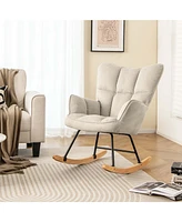 Linen Nursery Rocking Chair with High Backrest Padded Armrests & Seat for Nursery Light