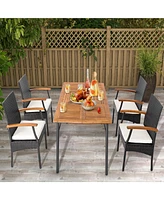 2PCS Patio Pe Wicker Chairs Acacia Wood Armrests with Soft Zippered Cushion Balcony