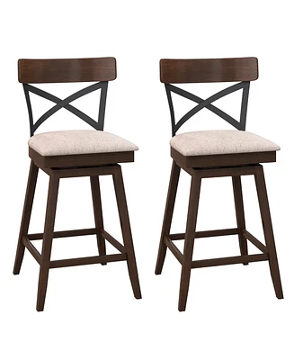 Set of 2 Wooden Swivel Bar Stools Upholstered Counter Height Dining Chairs