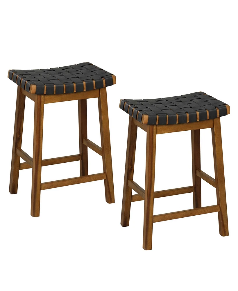 Woven Saddle Stools Set of 2 25.5'' Faux Pu Leather Counter Height Kitchen Stool