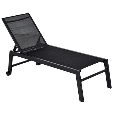 Outdoor Lounge Chair, Patio Lounger with 5-Position Reclining Backrest and 2 Wheels for Poolside, Beach, Lawn, Black