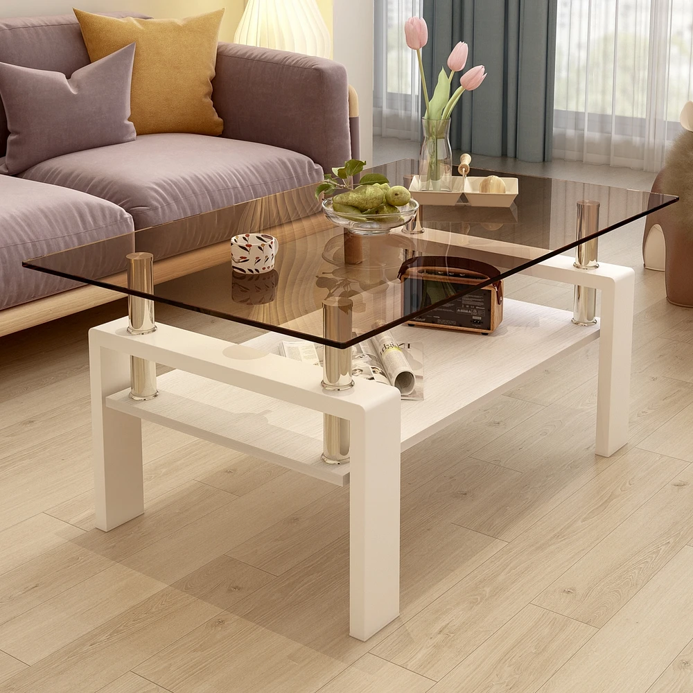 Rectangle Coffee Table, Tempered Glass Tabletop with Mdf Layer, Modern Table for Living Room, Brown Glass