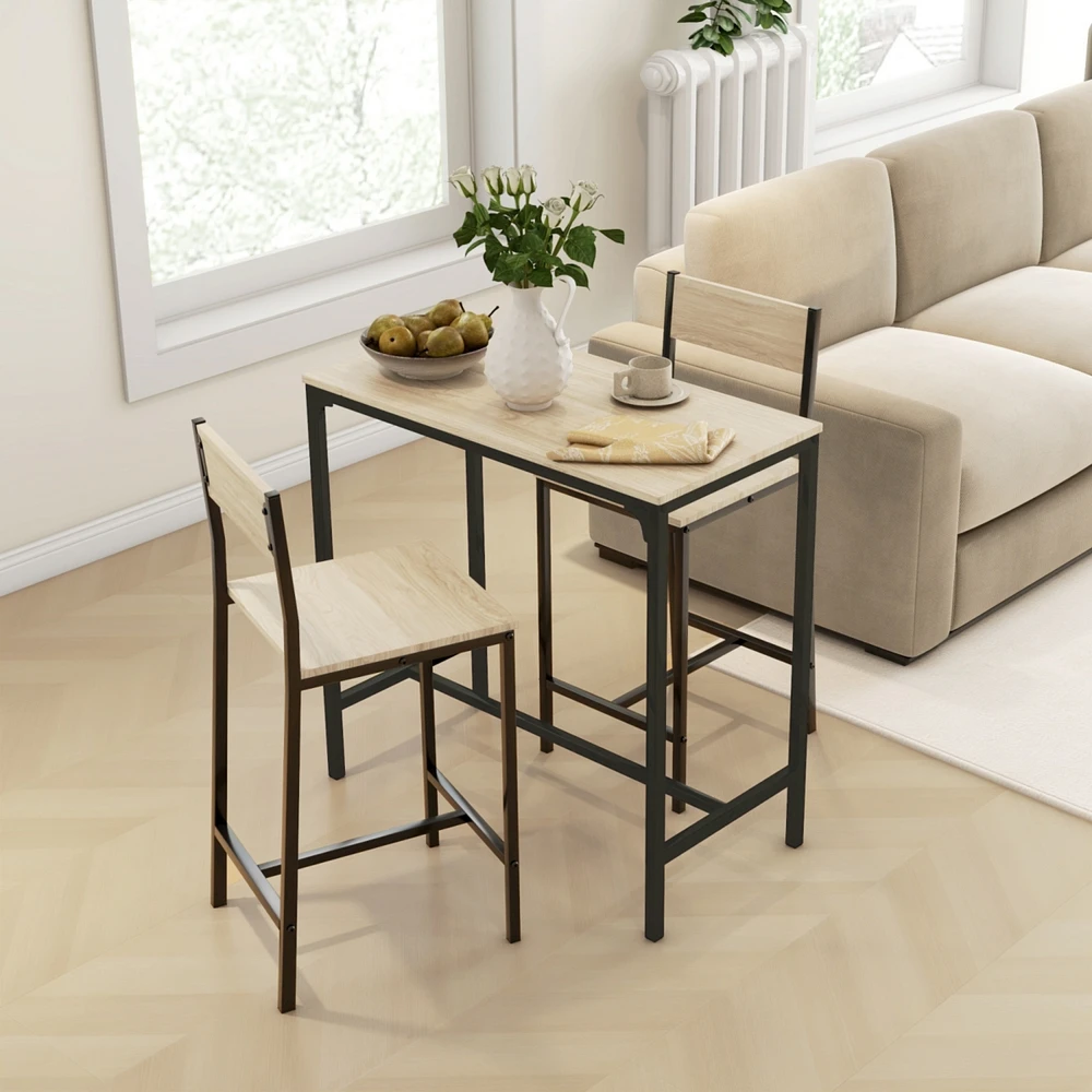 3 Piece Bar Table and Chairs, Industrial Dining Table Set for 2, Counter Height Kitchen Table with Bar Stools, Breakfast Table Set for 2 for Small Spa