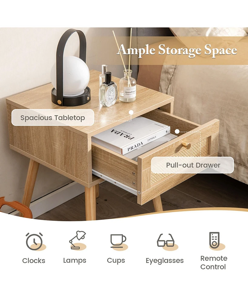 Gymax 2 Pcs Nightstand Bedside Sofa Table with Rattan Drawer for Bedroom & Living Room