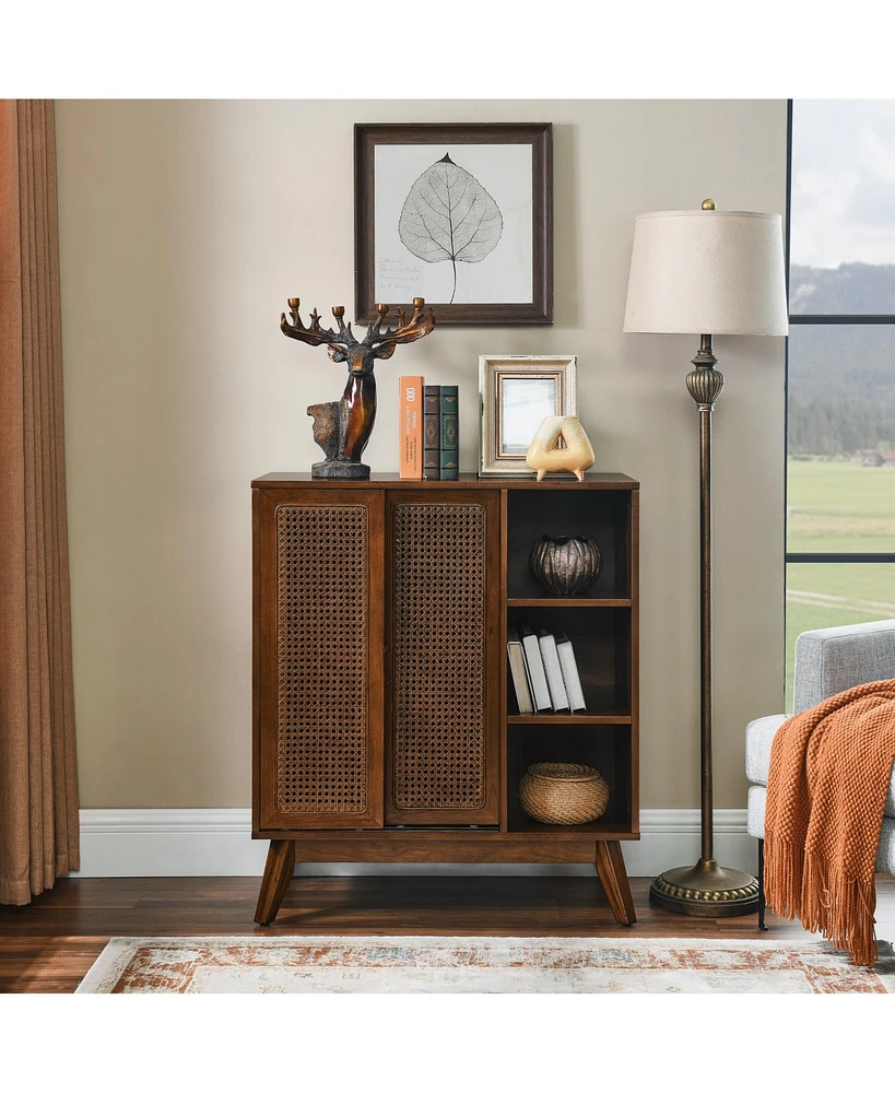 Mid Century Modern Rattan Sideboard Cabinet, Buffet Cabinet for Entryway Hallway Living Room Kitchen Dining Room Bedroom, Adjustable Shelf & Solid Woo