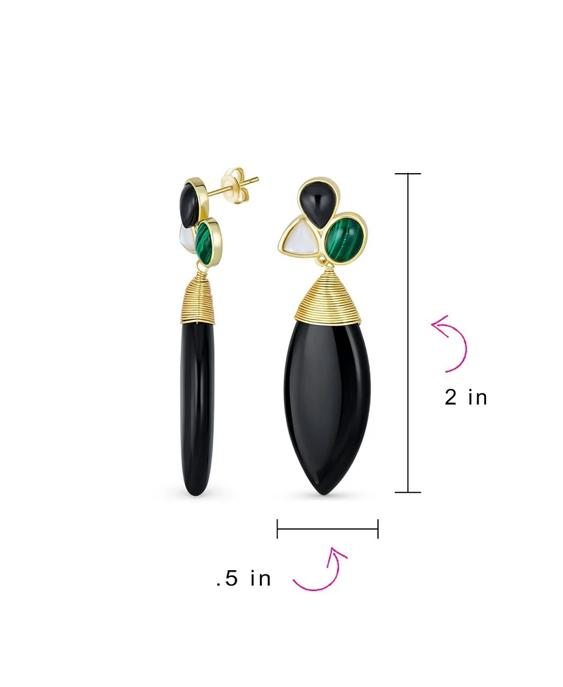 Bling Jewelry Fashion Multi Color Cluster Accent Wire Wrap Large Pointed Pear Shape Natural Green White Black Onyx Teardrop Drop Earrings Yellow Gold