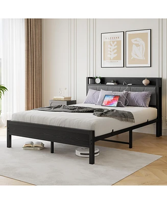 Queen Size Bed Frame, Storage Headboard with Charging Station, Solid and Stable, Noise Free, No Box Spring Needed, Easy Assembly