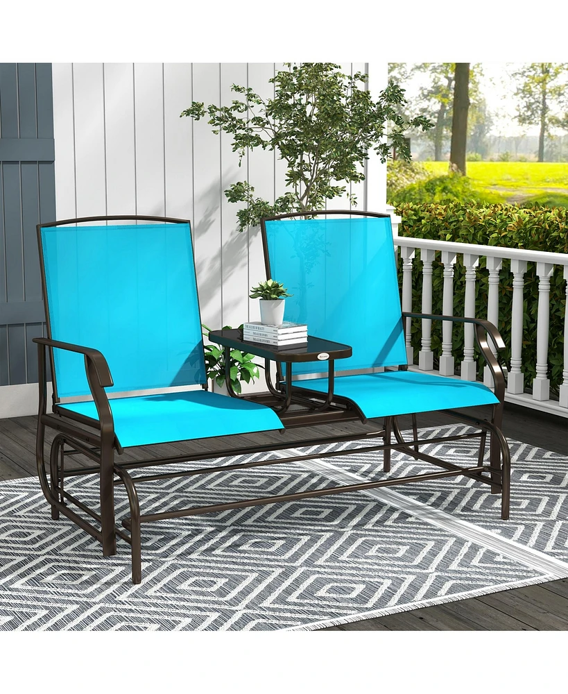 Outdoor Glider Bench with Center Table, Metal Frame Patio Loveseat with Breathable Mesh Fabric and Armrests for Backyard Garden Porch, Blue