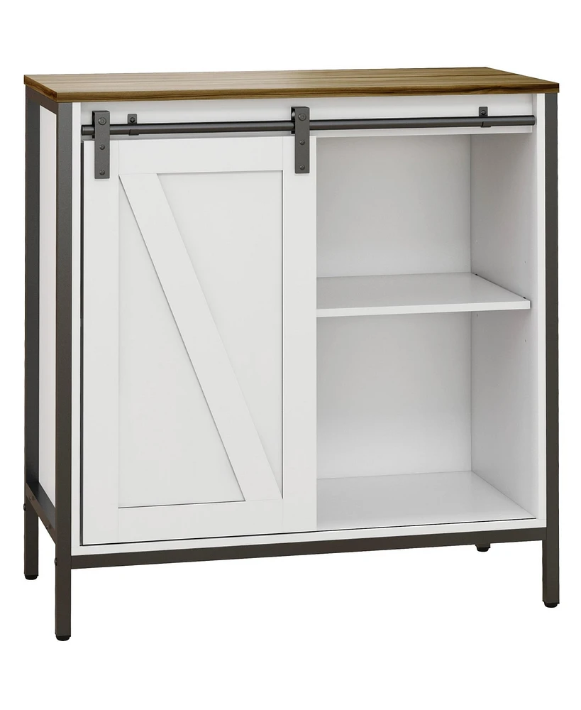 Farmhouse Sideboard Buffet Cabinet, Coffee Bar Cabinet with Sliding Barn Door and Adjustable Shelf, Kitchen Storage Cabinet with Metal Frame, White an