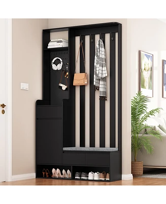 Contemporary 39.3" Wx70.8" H Hall Tree Storage with Cushioned Storage Bench, Multifunctional Hallway Shoe Cabinet with Pegboard, Modern Coat