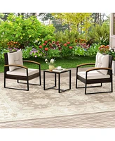 Costway 3 Pcs Patio Conversation Set with Coffee Table Solid Acacia Wood Armrests Tabletop