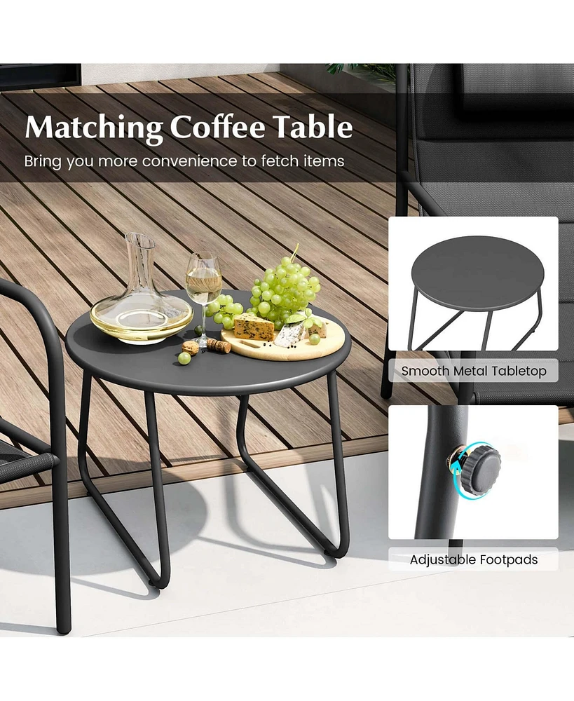 Costway 3 Pcs Outdoor Bistro Set Breathable Seat Fabric & Cozy Headrest Metal for Yard