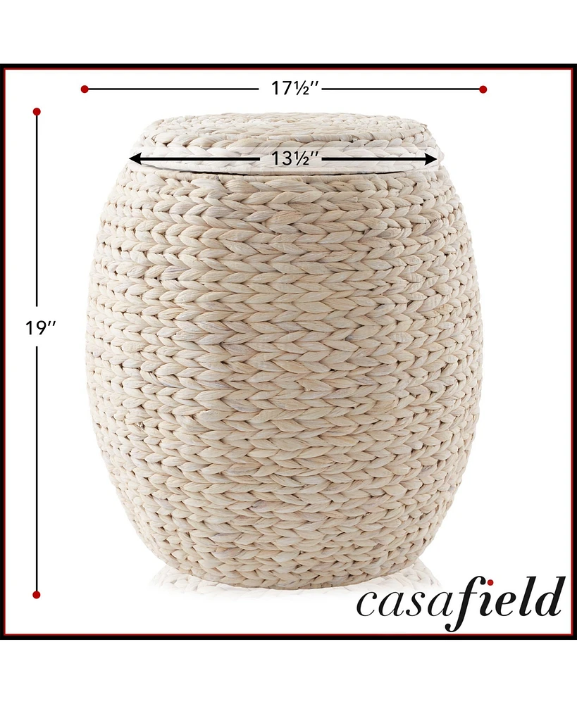 Casafield Round Storage Basket with Lid, Whitewash - Handwoven Water Hyacinth Hamper Organizer for Laundry, Blankets, Plants