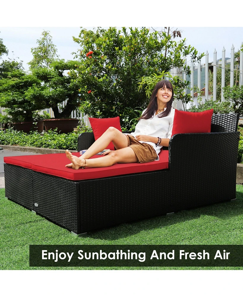 Sugift Spacious Outdoor Rattan Daybed with Upholstered Cushions and Pillows