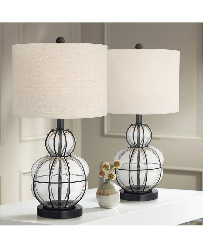 360 Lighting Eric Rustic Table Lamps 24" High Set of 2 Dark Bronze Brown Clear Blown Glass Gourd Burlap Fabric Drum Shade for Living Room Bedroom Hous