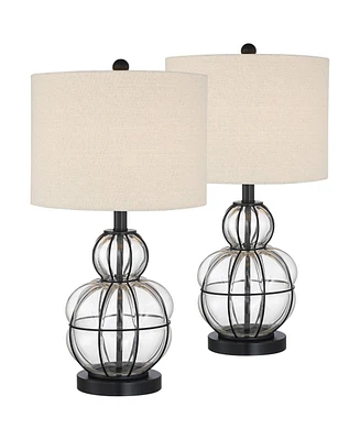 360 Lighting Eric Rustic Table Lamps 24" High Set of 2 Dark Bronze Brown Clear Blown Glass Gourd Burlap Fabric Drum Shade for Living Room Bedroom Hous