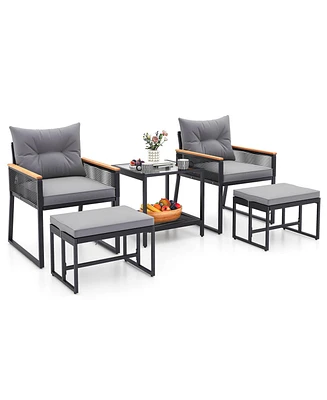 5 Piece Outdoor Conversation Set Rattan Armchairs with 2-Layer Side Table
