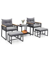 5 Piece Outdoor Conversation Set Rattan Armchairs with 2-Layer Side Table