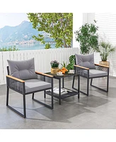 3 Pcs Outdoor Conversation Set with 2-Layer Side Table Acacia Wood Armrests