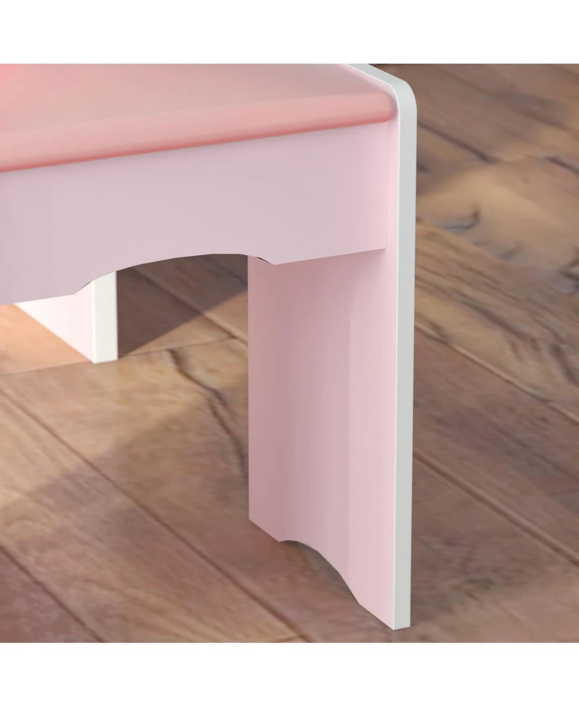 Famapy 5-Drawers Pink Makeup Vanity Dressing Table Set with Stool, Mirror and Storage Shelves Girls