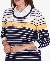 Alfred Dunner Women's Block Island Striped Two in One Collared Sweater with Necklace
