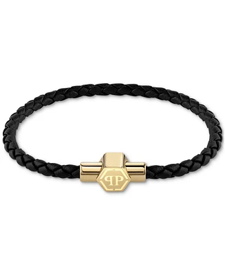 Philipp Plein Men's Enigma Black Leather Bracelet in Gold Ion-Plated Stainless Steel