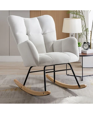 Mid Century Modern Velvet Tufted Upholstered Rocking Chair Padded Seat for Living Room Bedroom, White