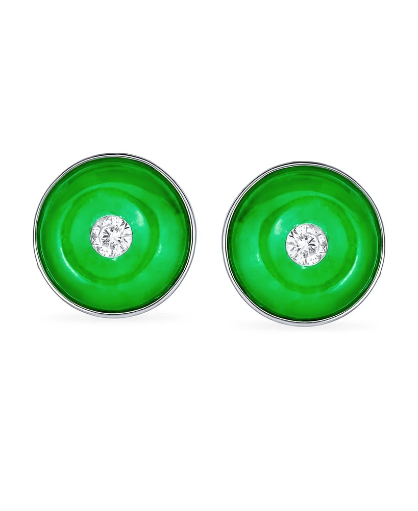 Bling Jewelry Round Disc Cz Accent Green Dyed Jade Clip On Earrings Sterling Silver Non Pierced