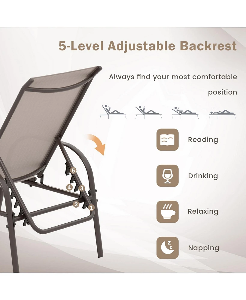 Sugift 2 Pcs Outdoor Patio Lounge Chair Chaise Fabric with Adjustable Reclining Armrest-Brown